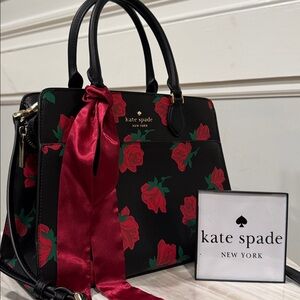 Kate Spade Satchel Madison Rose Toss Black and Red Rose Printed Bag